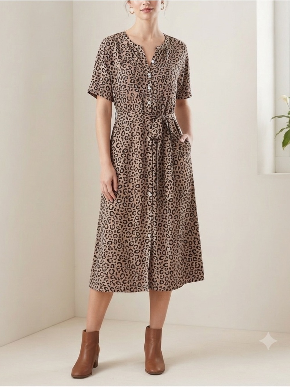 Aviva Leopard Print Button Down Midi Dress Short Sleeve Belted🧡